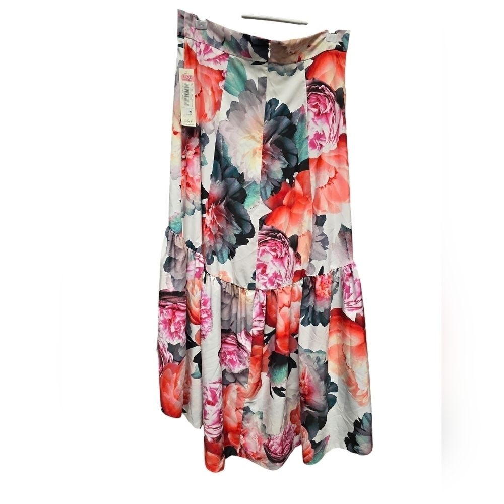 ELIZA J Cream Pink Floral Print Ruffle High Low Taffeta Skirt Sz. 8 NWT - Picture 2 of 11
